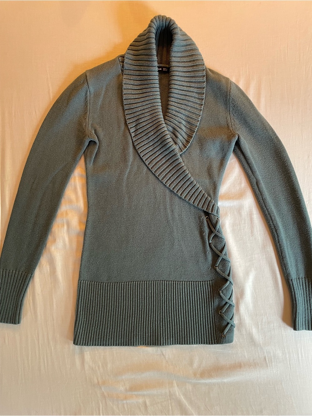 PattyBoutik Slate Gray Shawl Collar Lace-Up Turtleneck Sweater